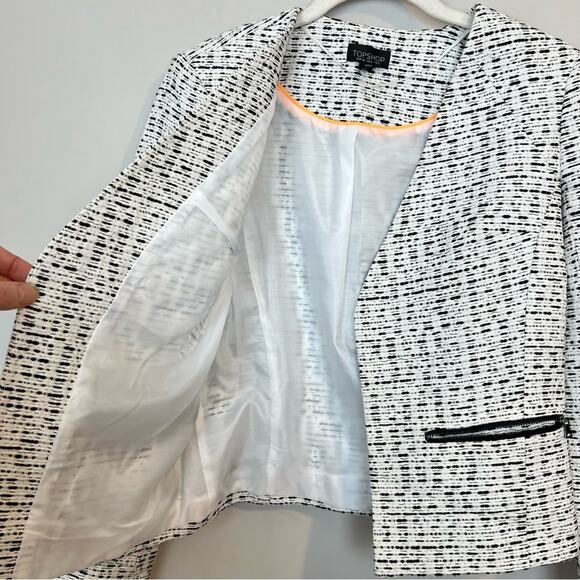 TOPSHOP Tweed Open Front Blazer Jacket sz 4 White Black Zipper Pockets Academia - Picture 4 of 8